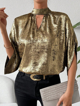 Prive Camisa Con Cuello De Pie, Mangas Francesas Y Diseno Hueco Con Corbata De Cintura