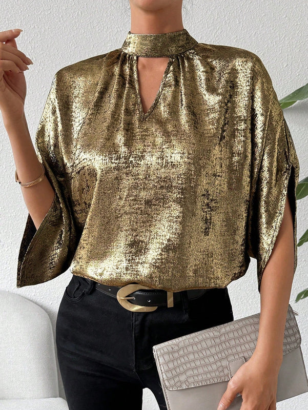 Prive Camisa Con Cuello De Pie, Mangas Francesas Y Diseno Hueco Con Corbata De Cintura