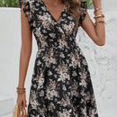 Vestido De Línea A Con Mangas Cortas Voladoras Y Estampado Floral Para Mujeres