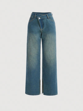 MOD Jeans De Pierna Ancha Con Abertura Para Mujeres Lavadas Con Chambray