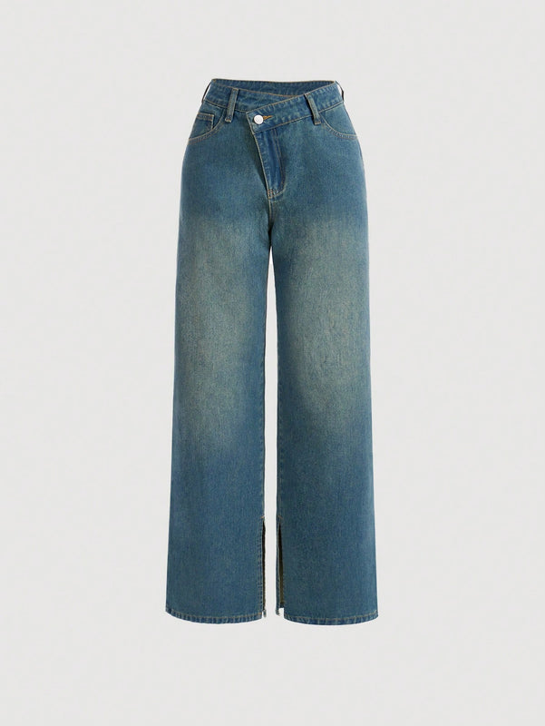 MOD Jeans De Pierna Ancha Con Abertura Para Mujeres Lavadas Con Chambray