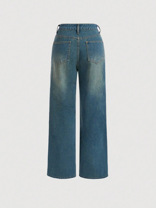 MOD Jeans De Pierna Ancha Con Abertura Para Mujeres Lavadas Con Chambray