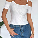 Camiseta De Mujer De Verano Casual Fuera Del Hombro Con Hebilla Metalica Decorativa, Hueca Con Diseno Bordado