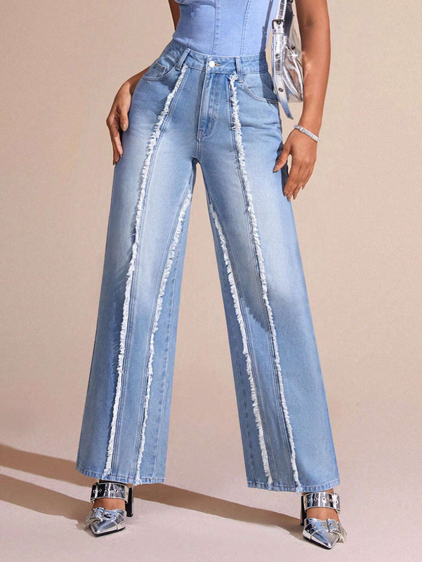 BAE Jeans De Pierna Recta Para Mujer Con Bordes Deshilachados