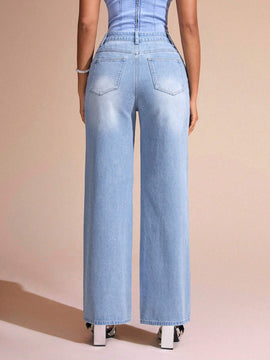 BAE Jeans De Pierna Recta Para Mujer Con Bordes Deshilachados