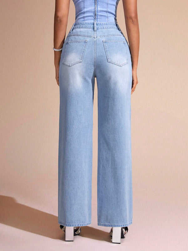 BAE Jeans De Pierna Recta Para Mujer Con Bordes Deshilachados
