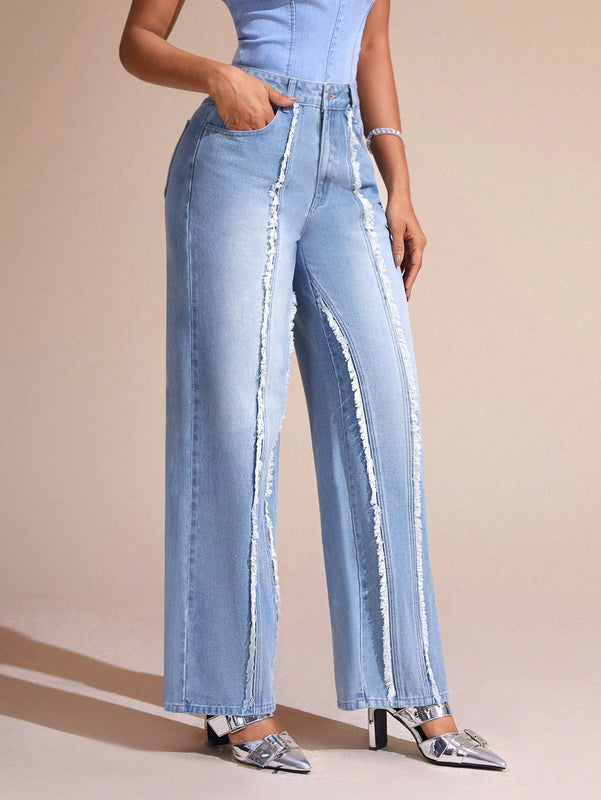 BAE Jeans De Pierna Recta Para Mujer Con Bordes Deshilachados