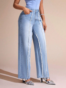 BAE Jeans De Pierna Recta Para Mujer Con Bordes Deshilachados