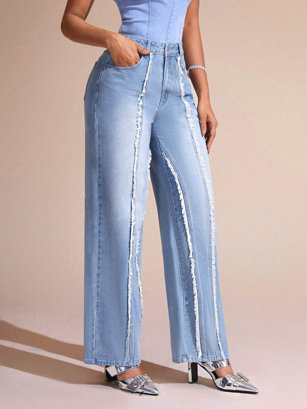 BAE Jeans De Pierna Recta Para Mujer Con Bordes Deshilachados