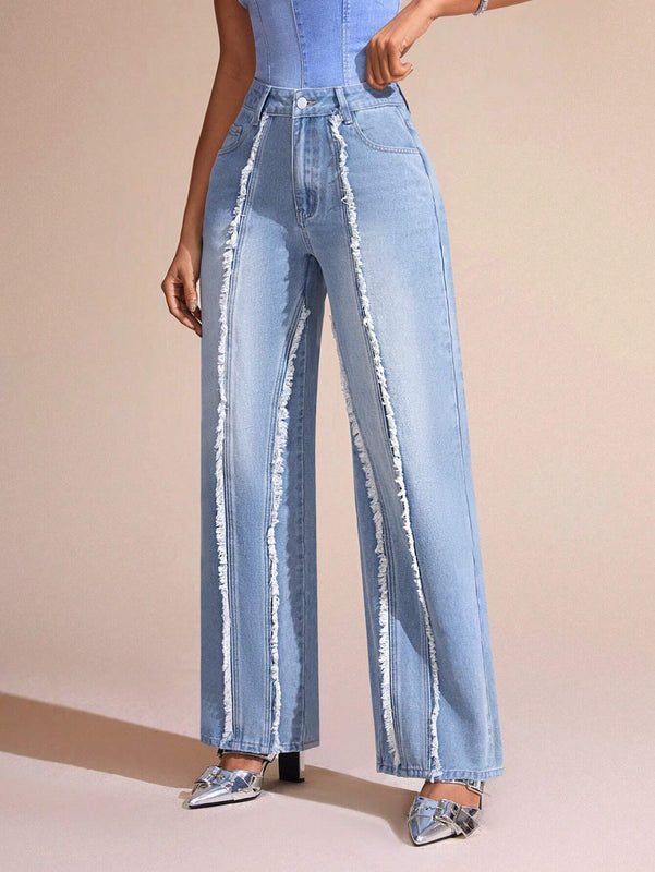 BAE Jeans De Pierna Recta Para Mujer Con Bordes Deshilachados
