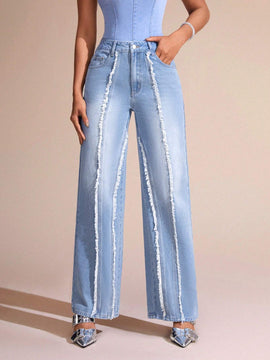 BAE Jeans De Pierna Recta Para Mujer Con Bordes Deshilachados