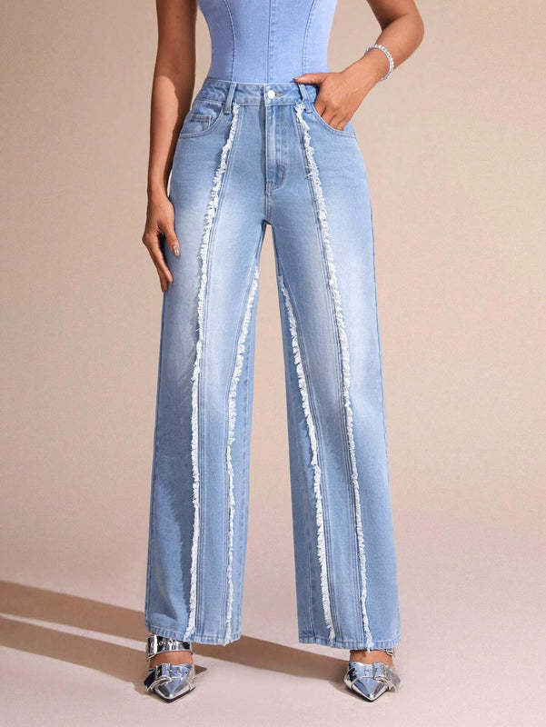 BAE Jeans De Pierna Recta Para Mujer Con Bordes Deshilachados