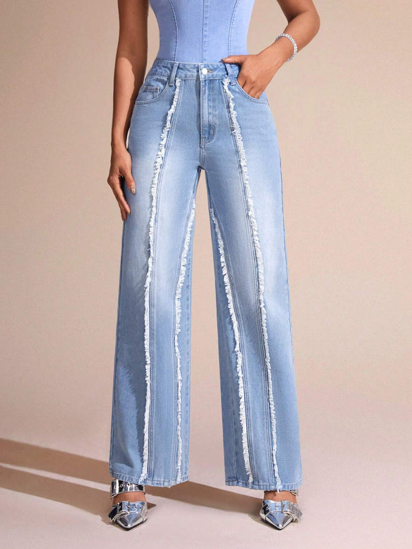 BAE Jeans De Pierna Recta Para Mujer Con Bordes Deshilachados