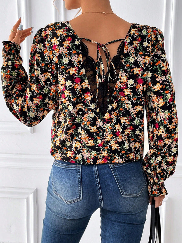 Frenchy Blusa De Manga Larga Completa Para Mujer Con Paneles De Encaje Y Estampado Floral
