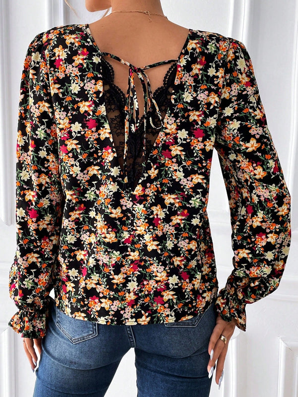 Frenchy Blusa De Manga Larga Completa Para Mujer Con Paneles De Encaje Y Estampado Floral