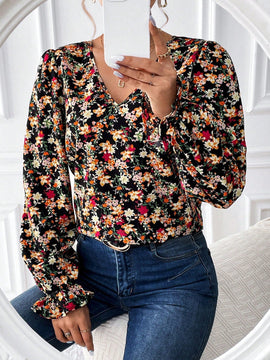 Frenchy Blusa De Manga Larga Completa Para Mujer Con Paneles De Encaje Y Estampado Floral