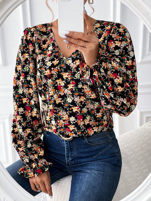 Frenchy Blusa De Manga Larga Completa Para Mujer Con Paneles De Encaje Y Estampado Floral