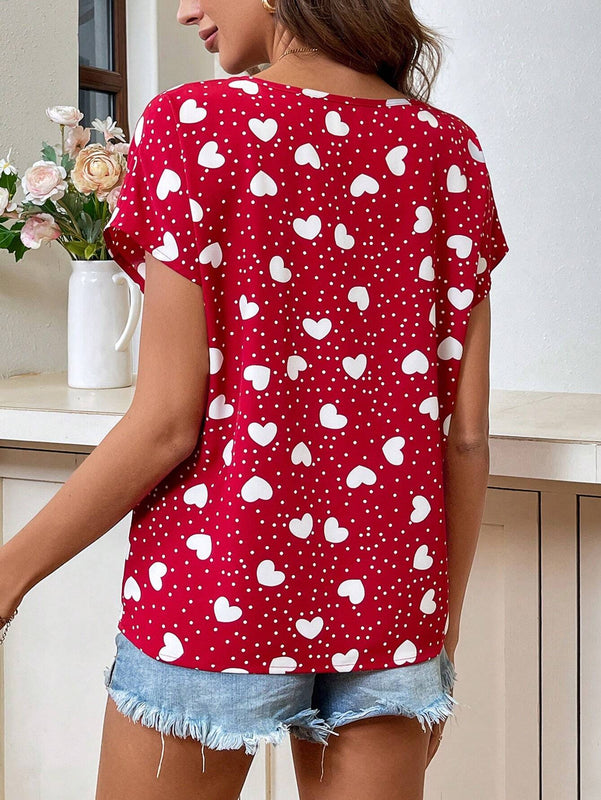 LUNE Camisa Romantica Con Lunares Y Corazones Impresos Para San Valentin Con Cuello Notch