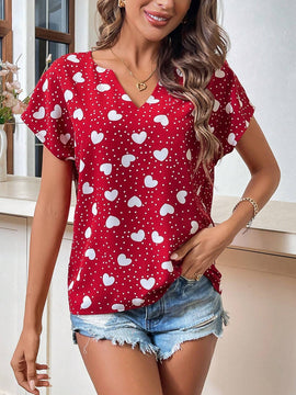 LUNE Camisa Romantica Con Lunares Y Corazones Impresos Para San Valentin Con Cuello Notch