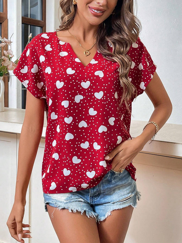 LUNE Camisa Romantica Con Lunares Y Corazones Impresos Para San Valentin Con Cuello Notch
