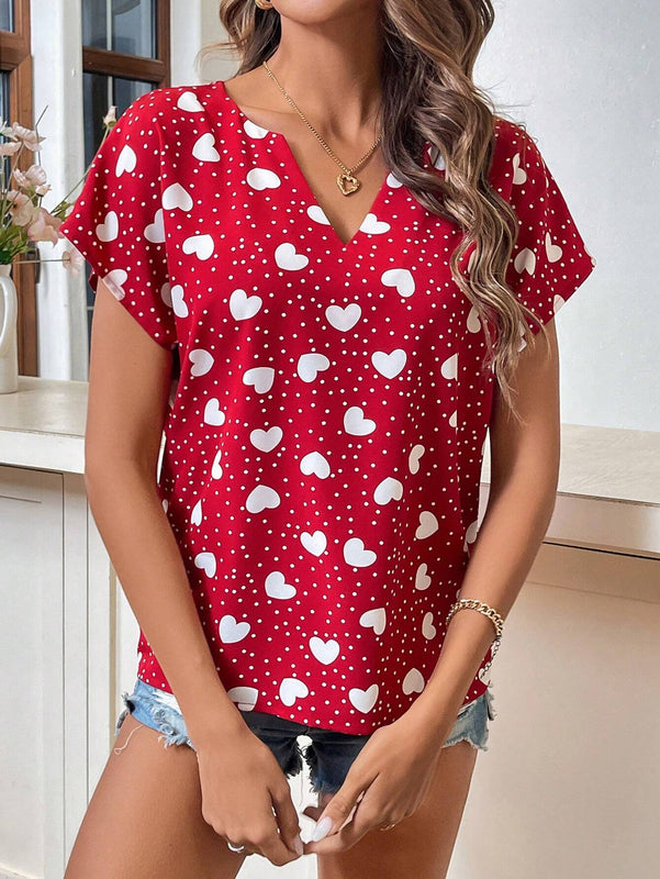 LUNE Camisa Romantica Con Lunares Y Corazones Impresos Para San Valentin Con Cuello Notch