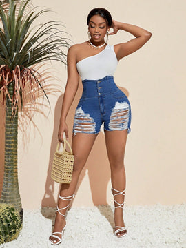 SXY Shorts De Mezclilla De Cintura Alta Para Verano Con Detalles Desgastados Y Cierre Con Boton