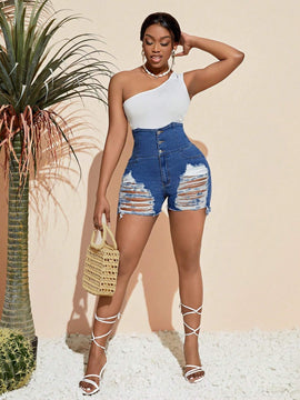 SXY Shorts De Mezclilla De Cintura Alta Para Verano Con Detalles Desgastados Y Cierre Con Boton