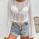 VCAY Sueter De Jersey De Cuello Redondo De Un Solo Color Para Mujeres Con Diseno De Agujeros En Toda La Prenda