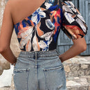 VCAY Blusa De Mujer Con Estampado Floral De Un Solo Hombro Y Manga Corta
