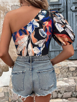 VCAY Blusa De Mujer Con Estampado Floral De Un Solo Hombro Y Manga Corta