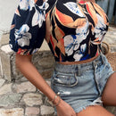 VCAY Blusa De Mujer Con Estampado Floral De Un Solo Hombro Y Manga Corta