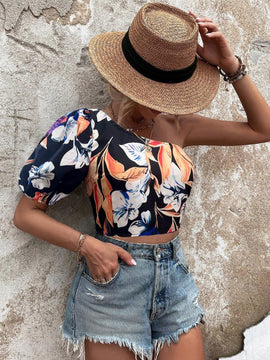 VCAY Blusa De Mujer Con Estampado Floral De Un Solo Hombro Y Manga Corta