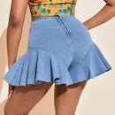 VCAY Shorts De Mezclilla Elasticos De Cintura Alta Con Dobladillo De Volante Para Mujeres
