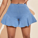 VCAY Shorts De Mezclilla Elasticos De Cintura Alta Con Dobladillo De Volante Para Mujeres