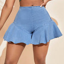 VCAY Shorts De Mezclilla Elasticos De Cintura Alta Con Dobladillo De Volante Para Mujeres