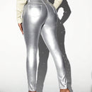 SXY Pantalones de mujer ajustados de cintura alta con acabado metalico