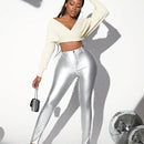 SXY Pantalones de mujer ajustados de cintura alta con acabado metalico