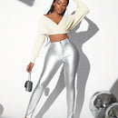SXY Pantalones de mujer ajustados de cintura alta con acabado metalico