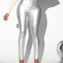 SXY Pantalones de mujer ajustados de cintura alta con acabado metalico