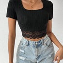 Camiseta De Manga Corta Con Cuello Cuadrado Y Encaje De Parche Para Mujer