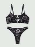 ROMWE Goth Conjunto De Brasier Y Braguitas Con Estampado De Sol, Luna, Estrellas Y Corazones Para Mujer