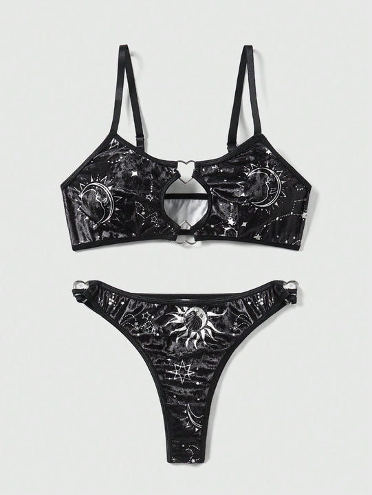 ROMWE Goth Conjunto De Brasier Y Braguitas Con Estampado De Sol, Luna, Estrellas Y Corazones Para Mujer