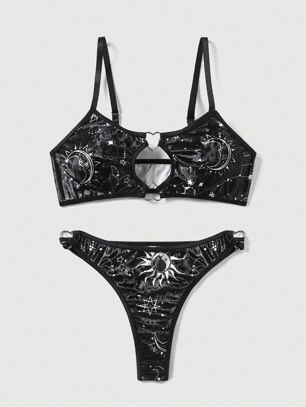 ROMWE Goth Conjunto De Brasier Y Braguitas Con Estampado De Sol, Luna, Estrellas Y Corazones Para Mujer