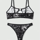 ROMWE Goth Conjunto De Brasier Y Braguitas Con Estampado De Sol, Luna, Estrellas Y Corazones Para Mujer