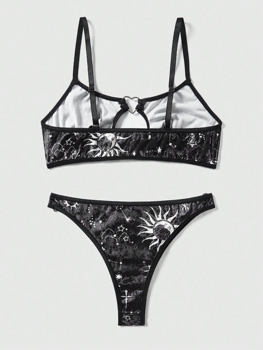 ROMWE Goth Conjunto De Brasier Y Braguitas Con Estampado De Sol, Luna, Estrellas Y Corazones Para Mujer