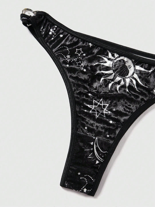 ROMWE Goth Conjunto De Brasier Y Braguitas Con Estampado De Sol, Luna, Estrellas Y Corazones Para Mujer