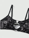ROMWE Goth Conjunto De Brasier Y Braguitas Con Estampado De Sol, Luna, Estrellas Y Corazones Para Mujer