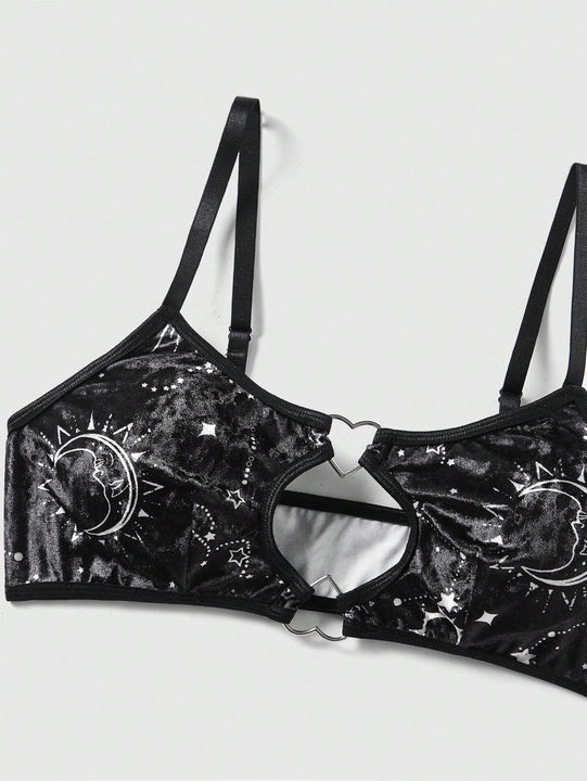 ROMWE Goth Conjunto De Brasier Y Braguitas Con Estampado De Sol, Luna, Estrellas Y Corazones Para Mujer