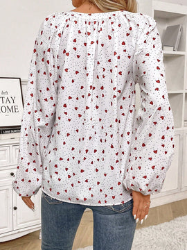 Frenchy Camisa De Manga Farol Con Estampado De Lunares Y Corazones Para Mujer