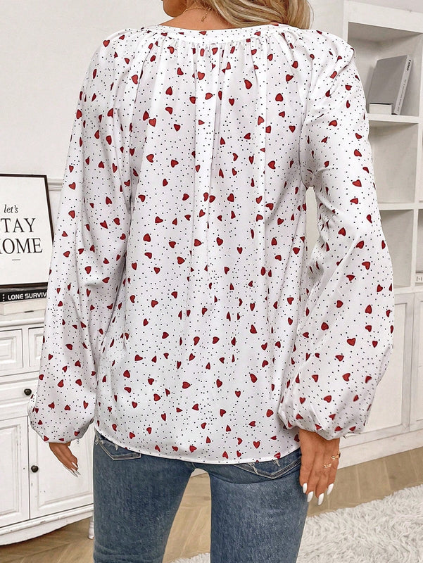 Frenchy Camisa De Manga Farol Con Estampado De Lunares Y Corazones Para Mujer